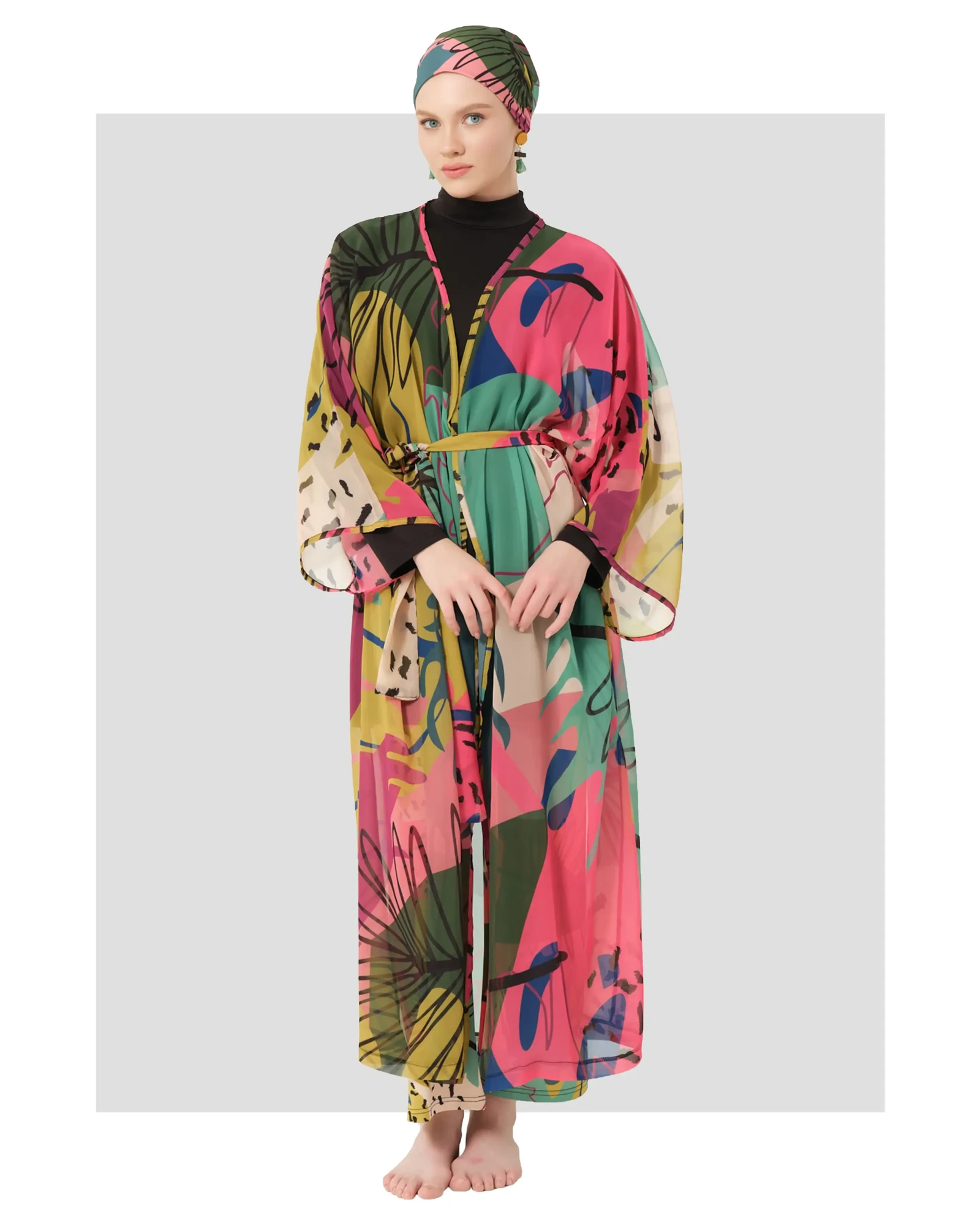 Multi-color sheer kimono cover-up with belt, front view on model.