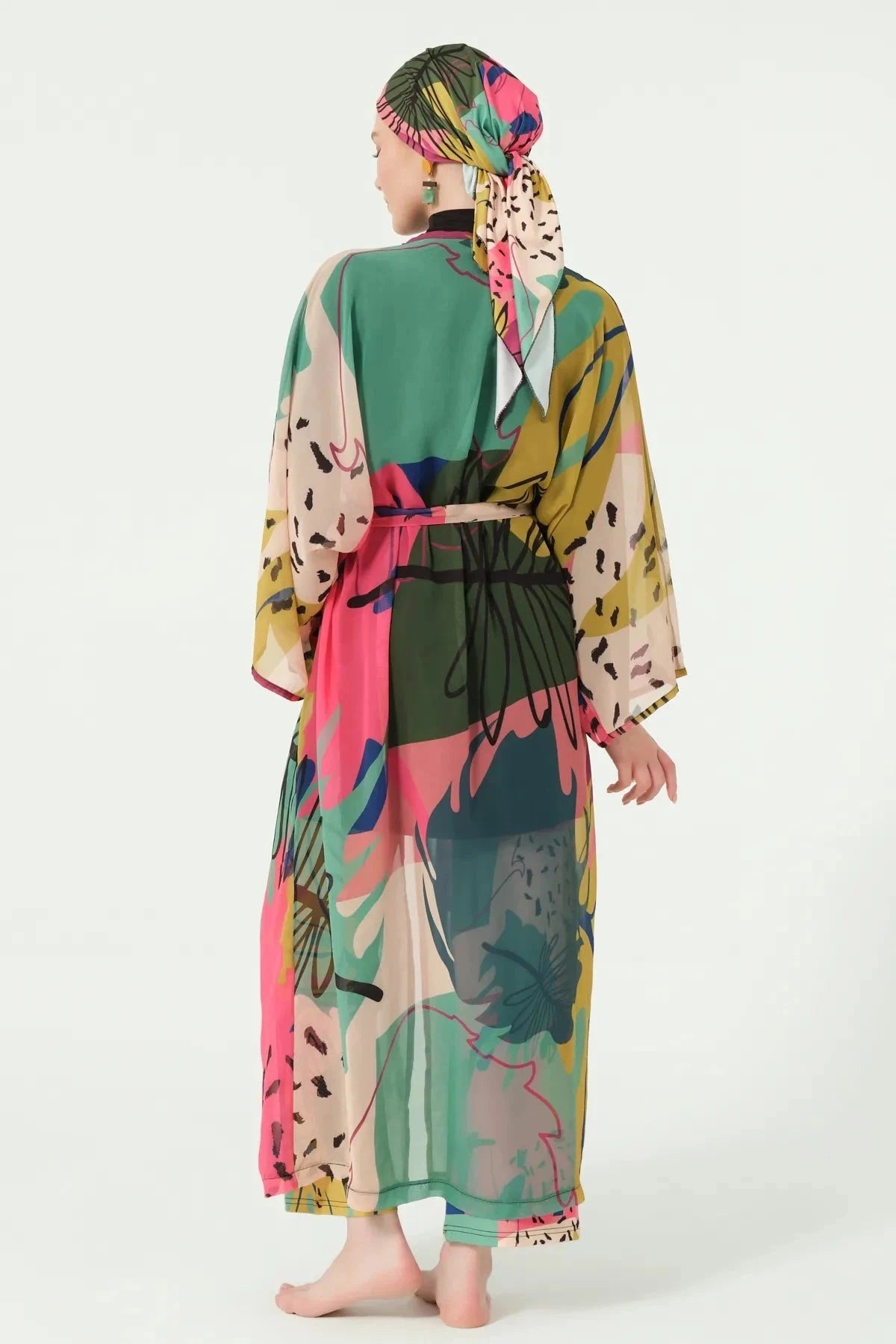 Multi-color sheer kimono cover-up with belt, back view on model.