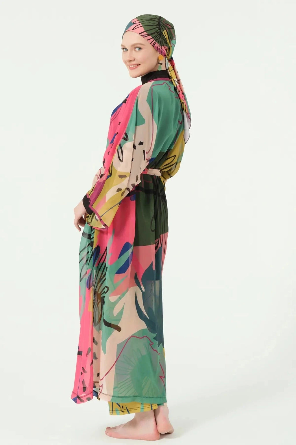 Multi-color sheer kimono cover-up with belt, side view on model.