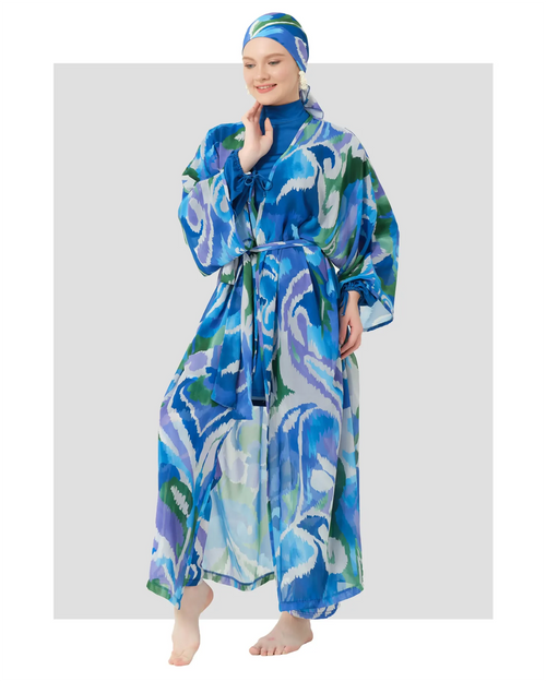 Deep azure burkini set with sheer kimono, front view on model.