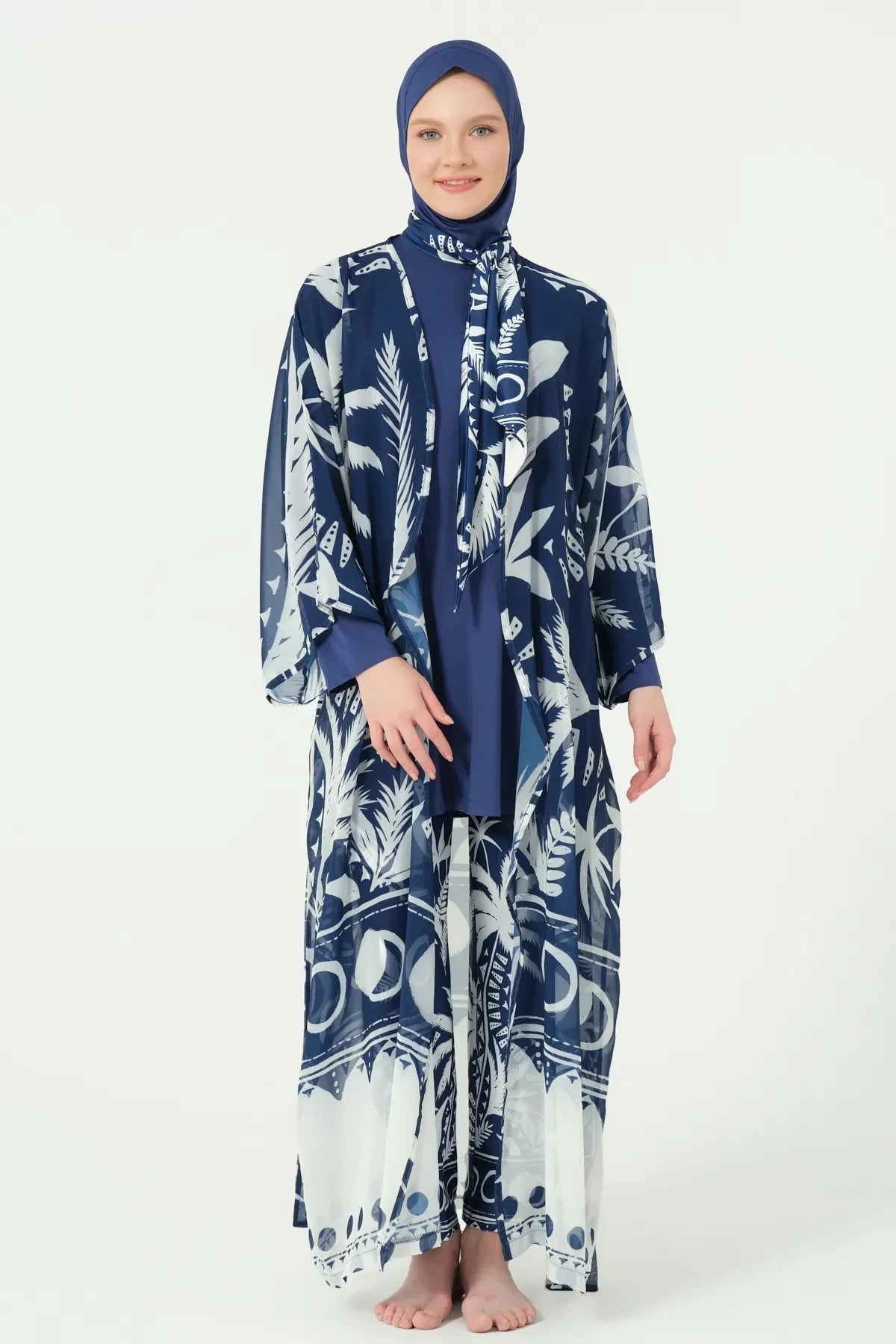 Model in navy burkini set with open palm print sheer kimono.