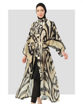 Model wearing black and beige abstract print sheer kimono with tie belt.