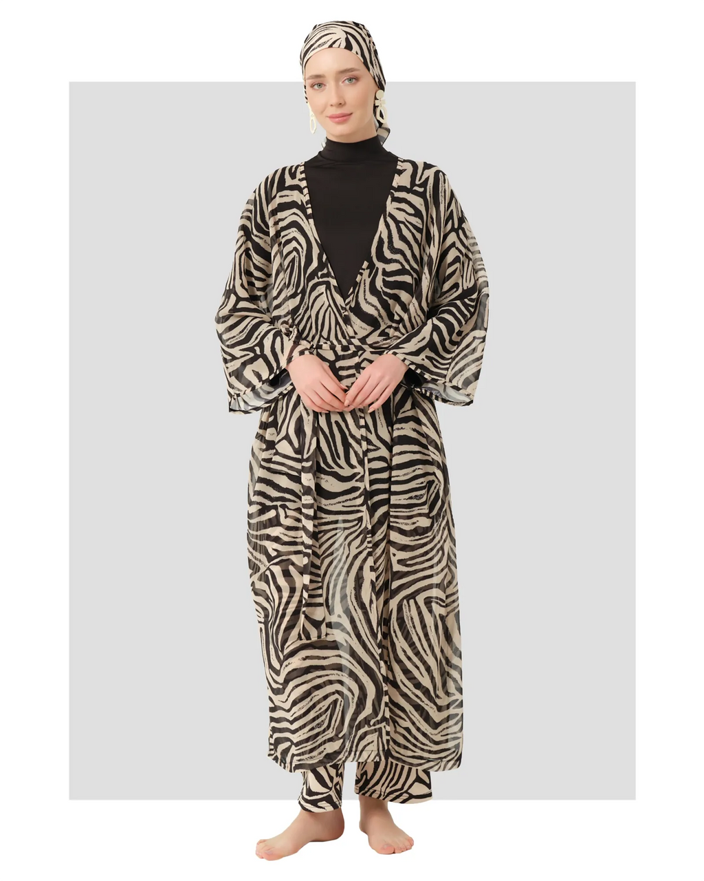 Black and zebra print modest burkini set with sheer kimono front view.
