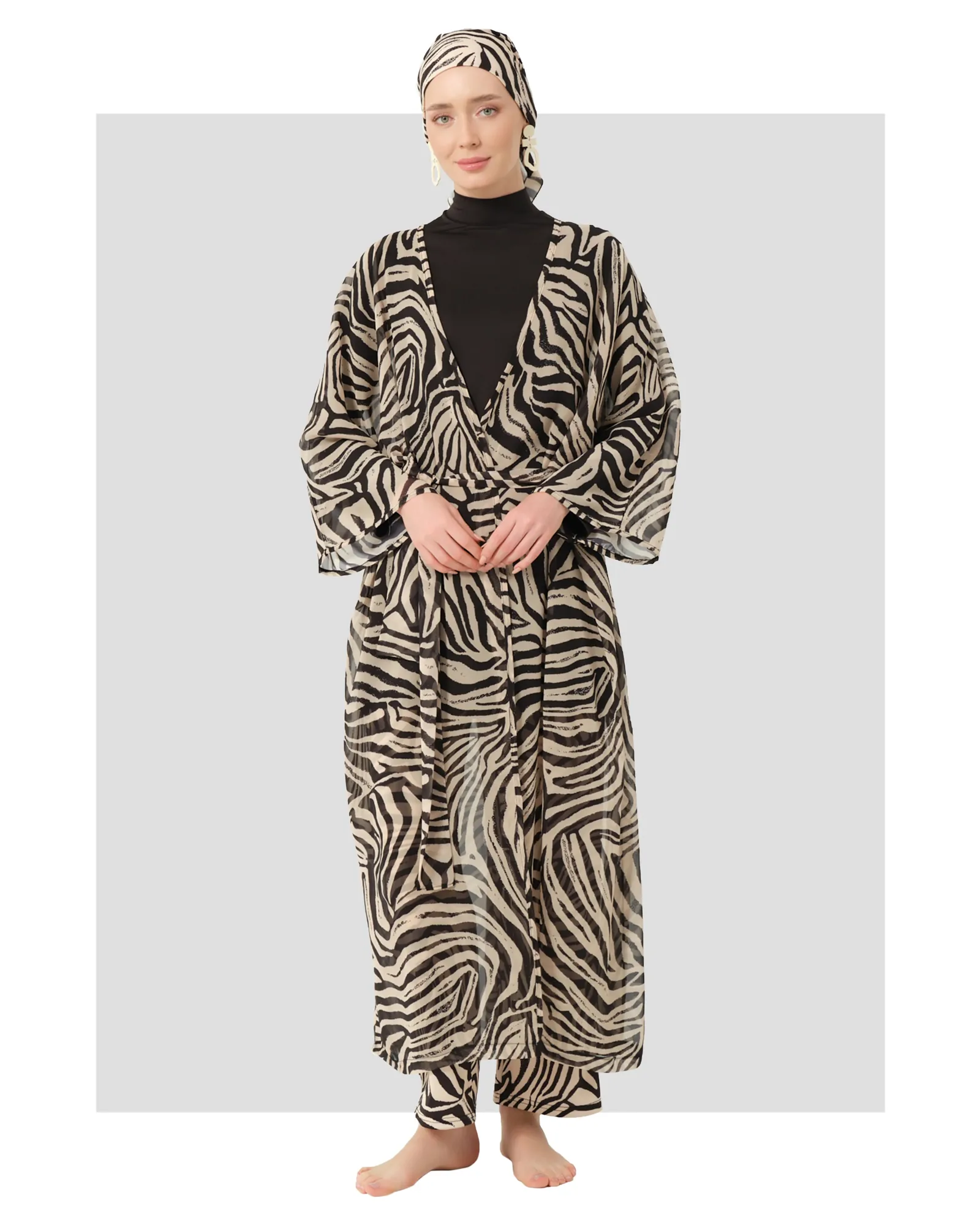 Black and zebra print modest burkini set with sheer kimono front view.
