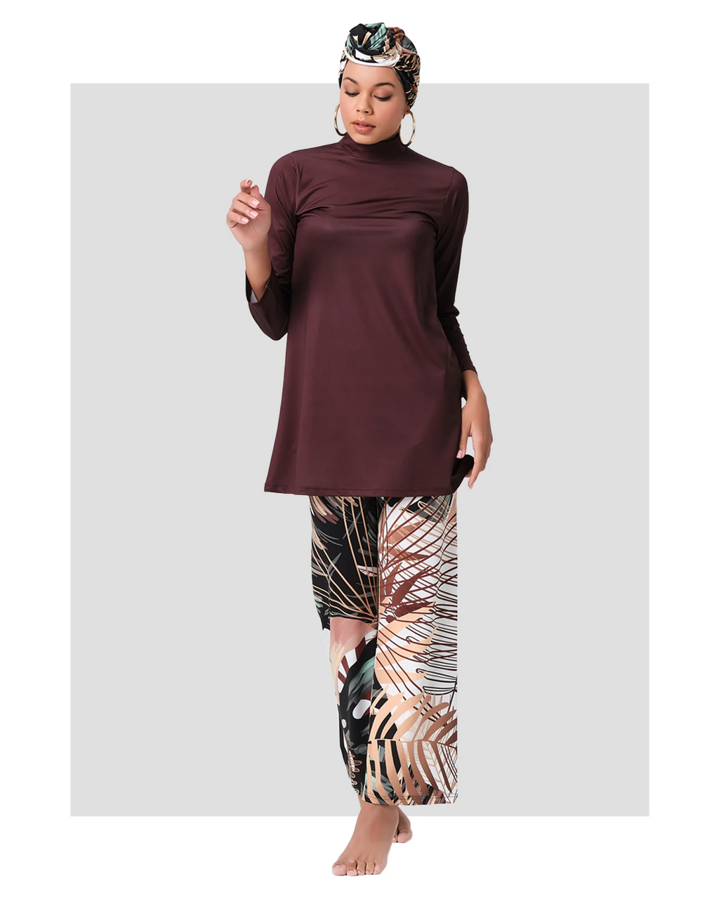 Rich brown modest swimwear set front view with patterned pants.