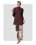Rich brown modest swimwear set front view with patterned pants.