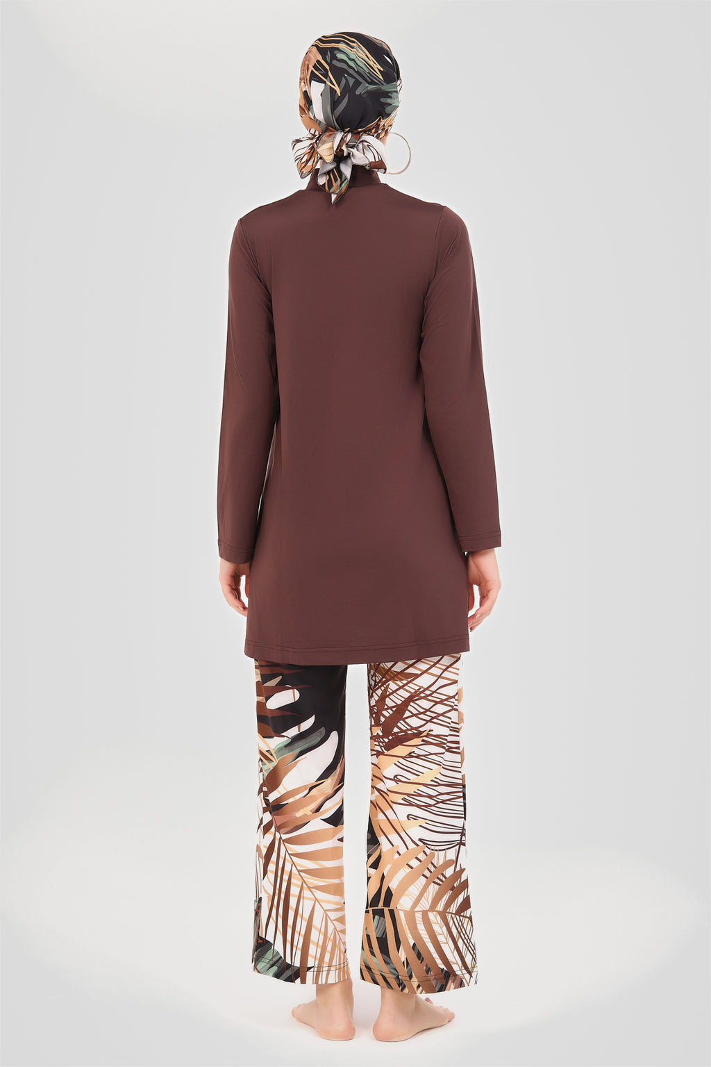 Rich brown modest swimwear set back view with patterned wide-leg pants.