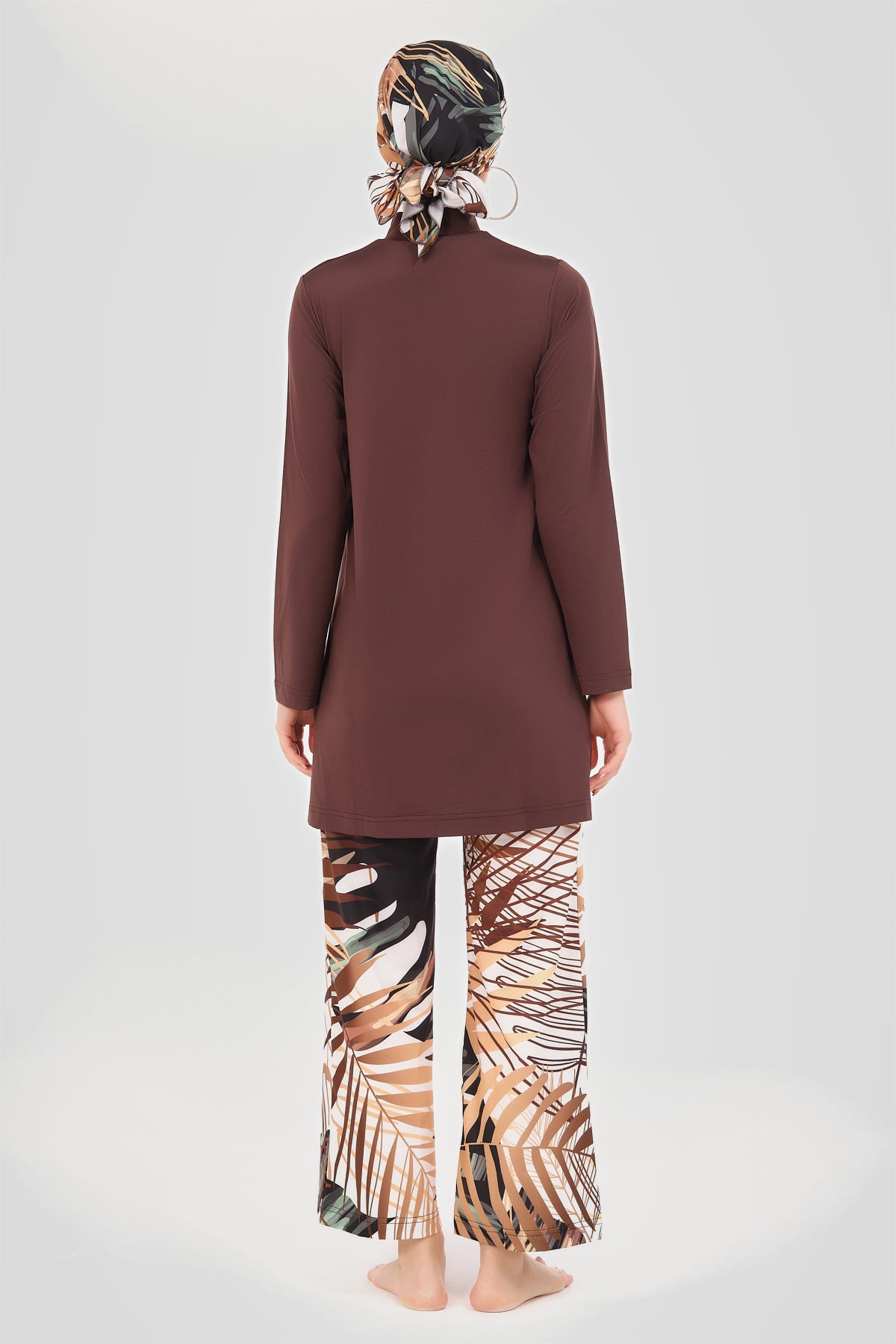 Rich brown modest swimwear set back view with patterned wide-leg pants.