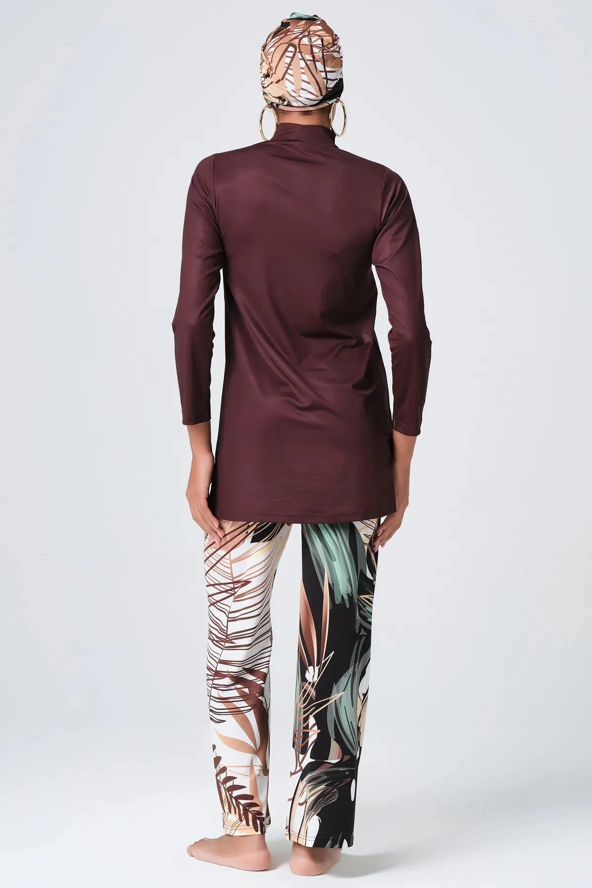 Rich brown modest swimwear set back view with patterned wide-leg pants.