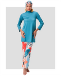 Persian green modest swimwear set with abstract print pants, front view.