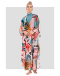 Model wearing vibrant floral print sheer kimono with tie belt, front view.