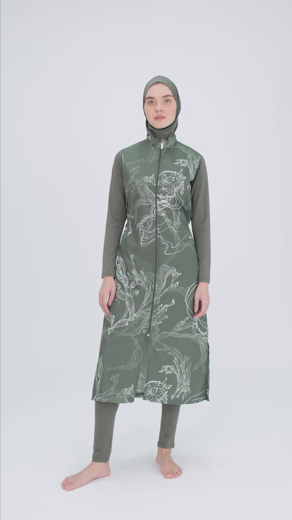 Modest Full-Length Khaki Burkini with Floral Print