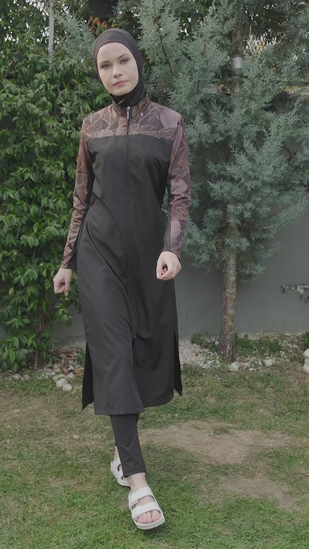 Full-Length Black Burkini with Patterned Sleeves