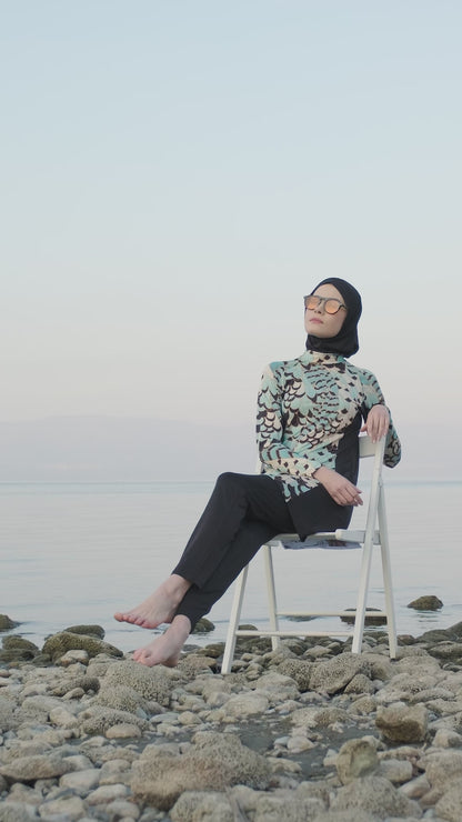 Modest Black Burkini with Scalloped Feather Pattern