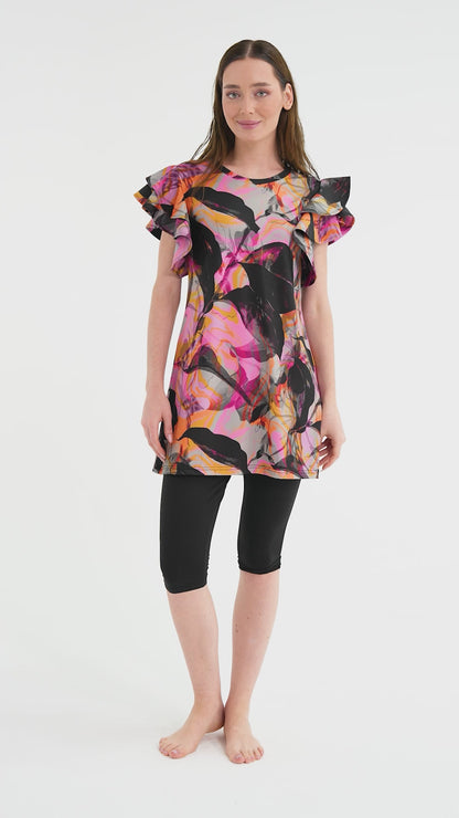 Ruffled Sleeve Burkini with Capri Leggings