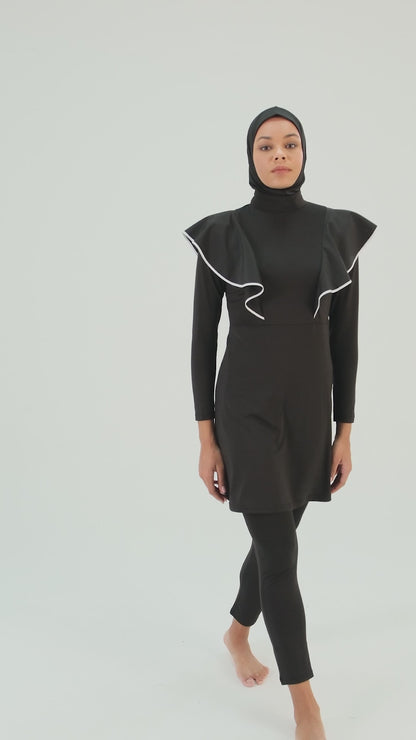 Black Burkini with Frilled Shoulder Detail and White Piping