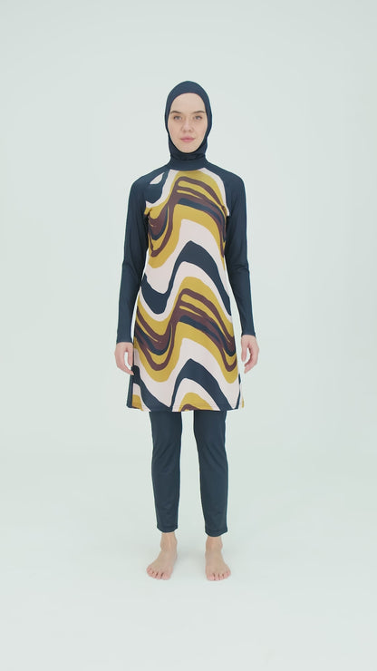 Modest Navy Burkini with Wavy Abstract Print