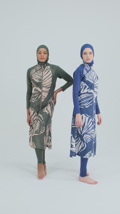 Modest Navy Blue Long Burkini with White Leaf Print