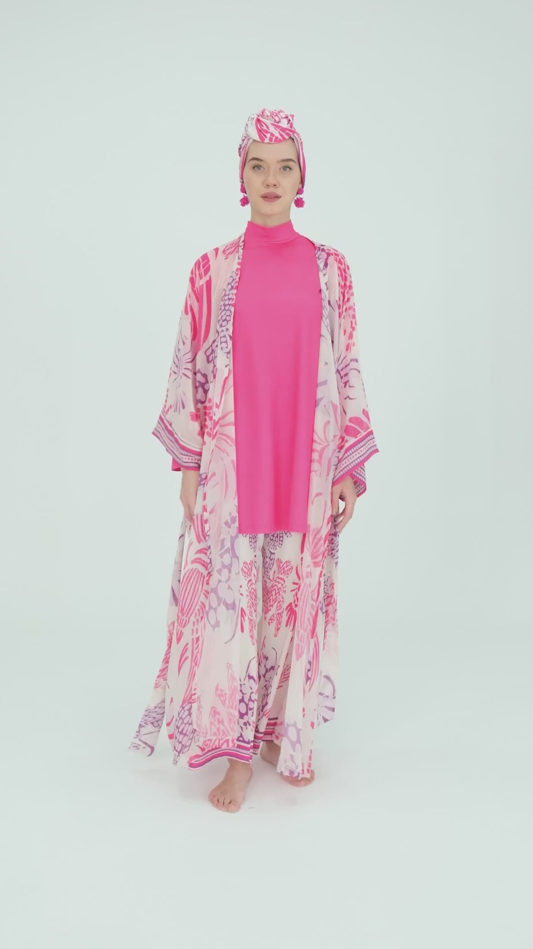 Tropical Fuchsia Burkini Set with Sheer Kimono
