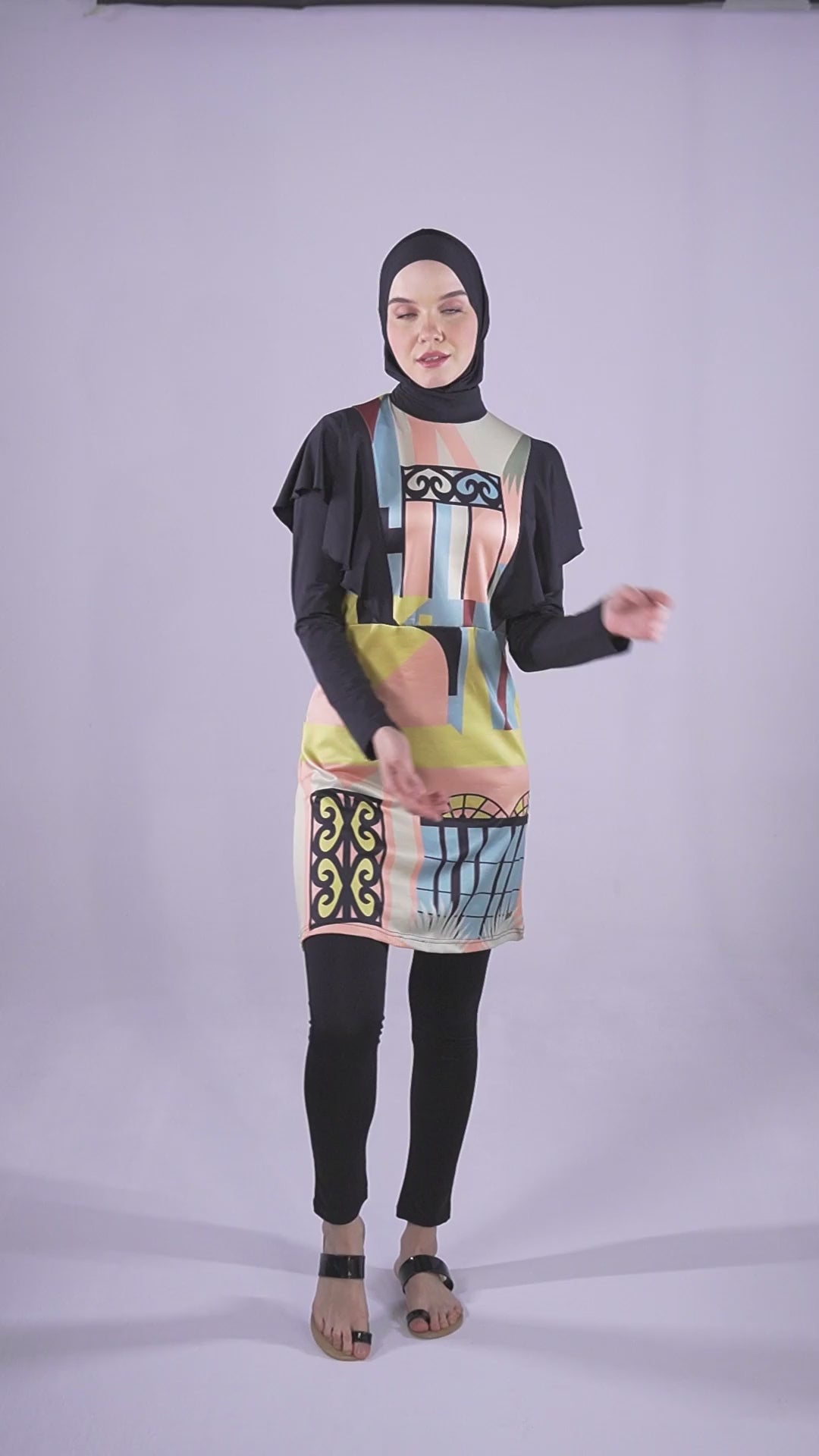 Modest Swimsuit with Abstract Balcony Print