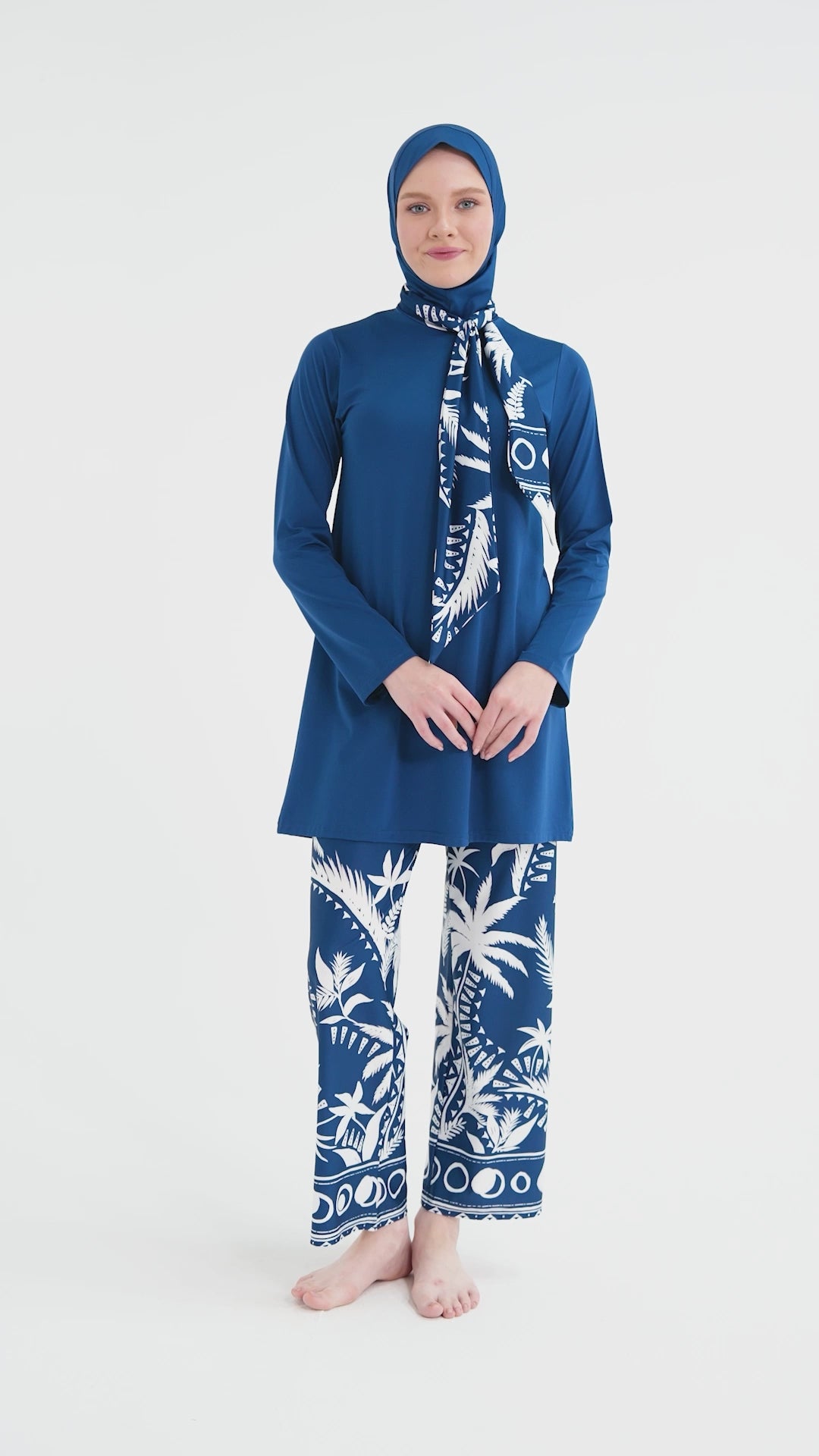 Navy Lycra Burkini with White Palm Print | Stylish Modest Swimwear