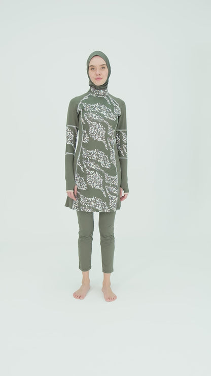 Olive Burkini with Delicate White Dotted Print