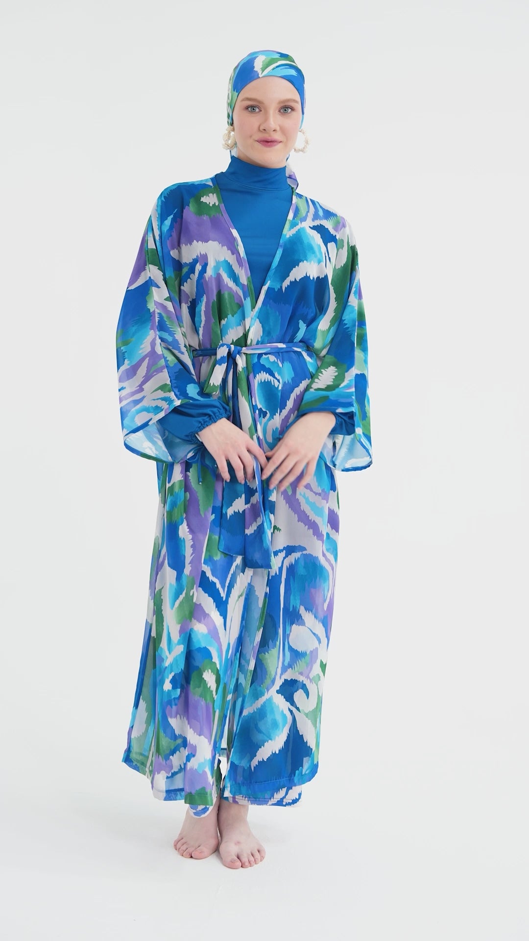 Deep Azure Burkini Set with Sheer Kimono