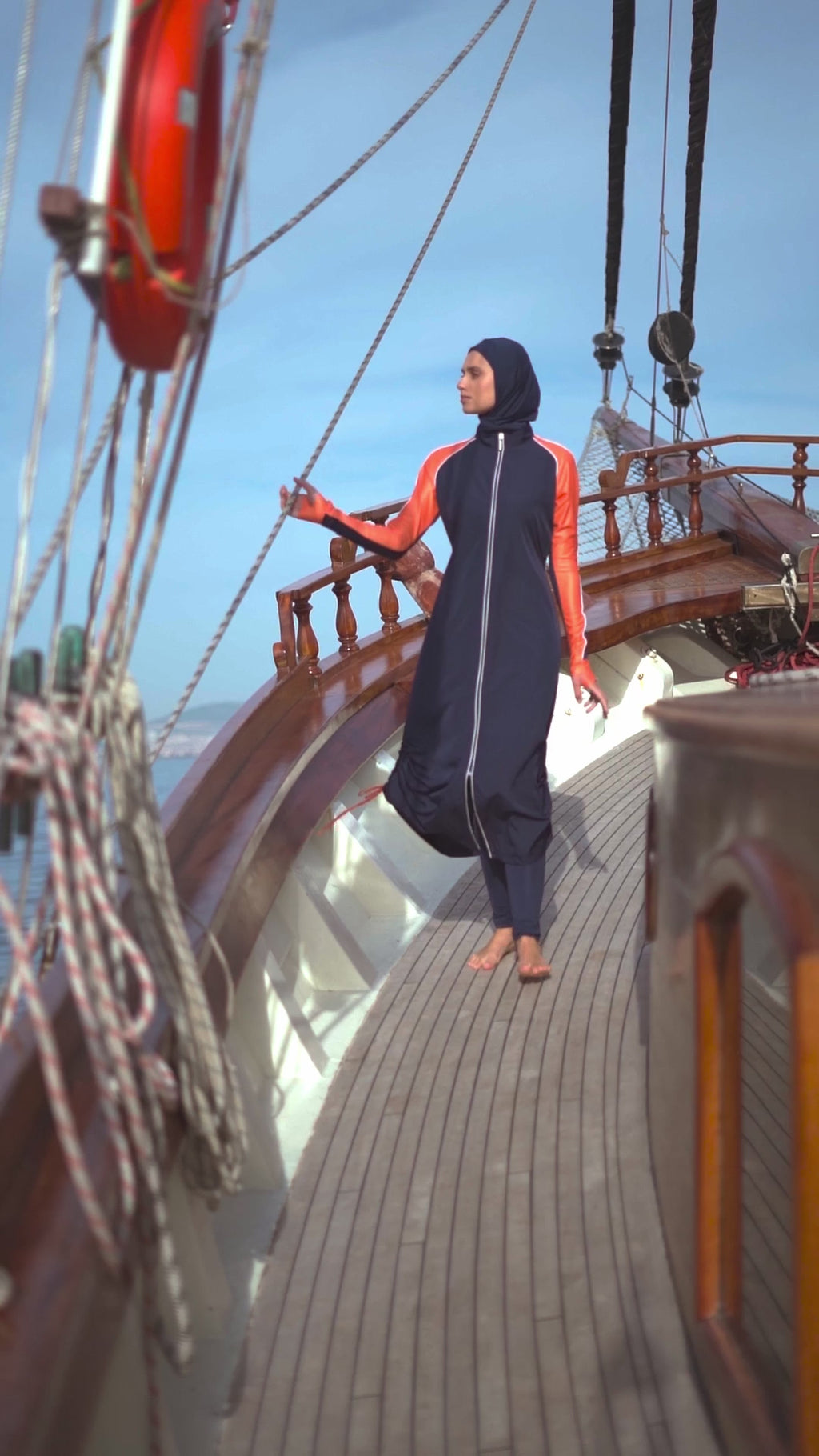 Full-Length Navy Burkini with Orange Sleeves