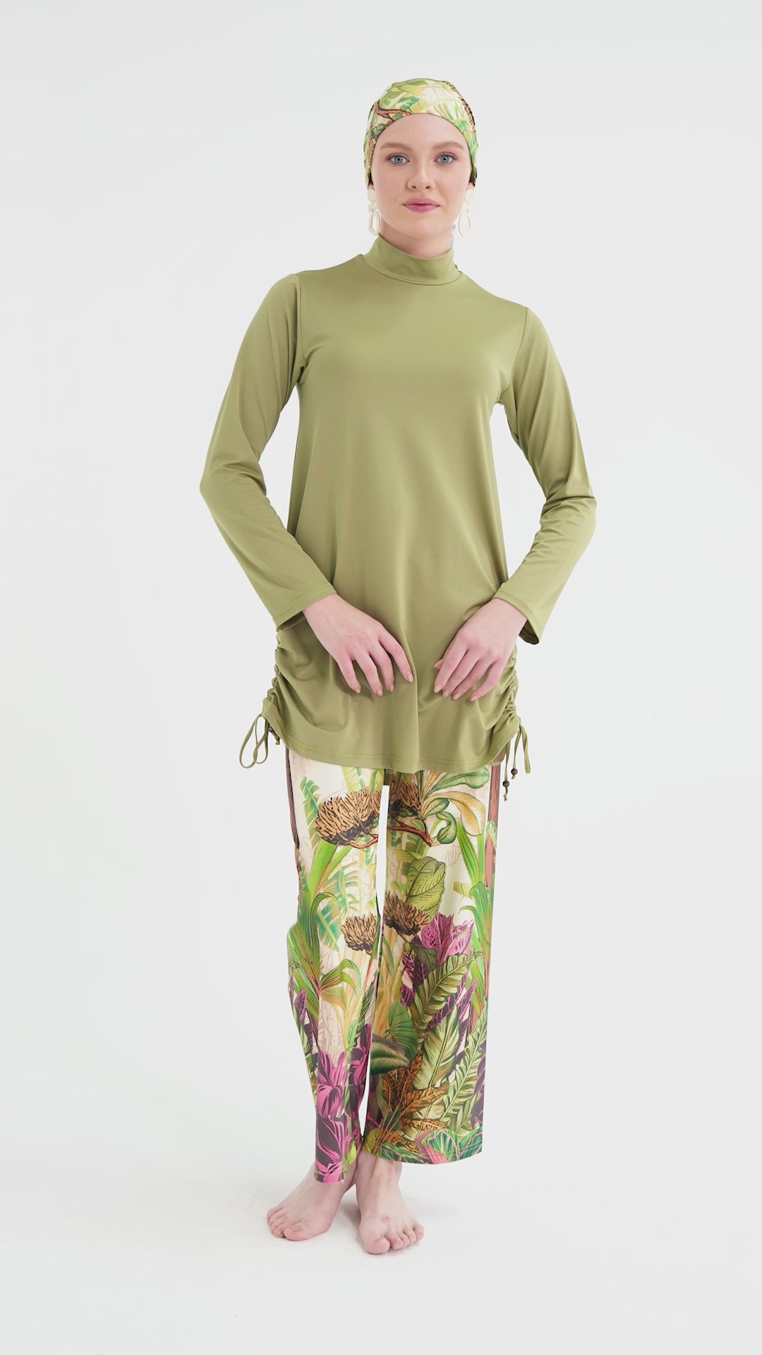 Khaki Lycra Burkini with Botanical Print | Modest Swimwear