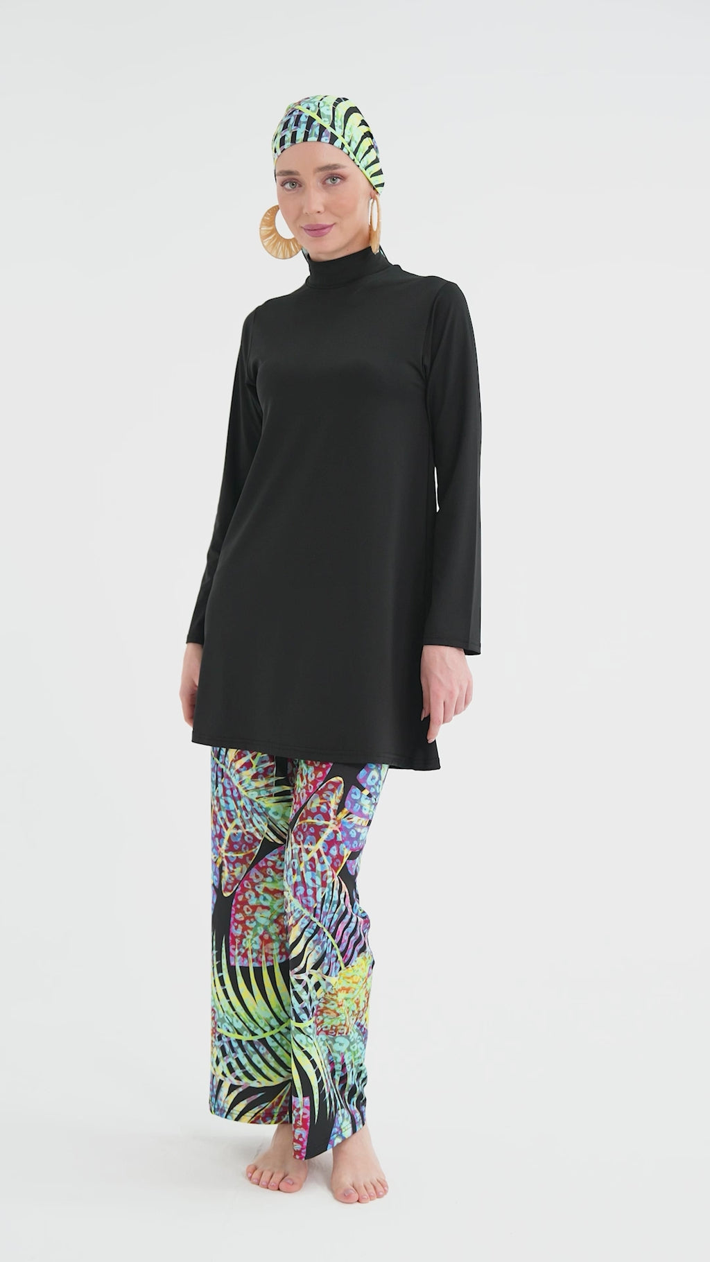 Black Lycra Burkini with Vibrant Tropical Leaf Print | Modest Swimwear