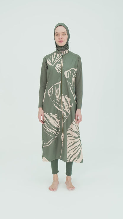 Modest Olive Green Long Burkini with Pink Leaf Print