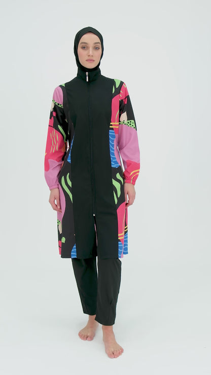 Modest Black Burkini with Multi-color Pattern