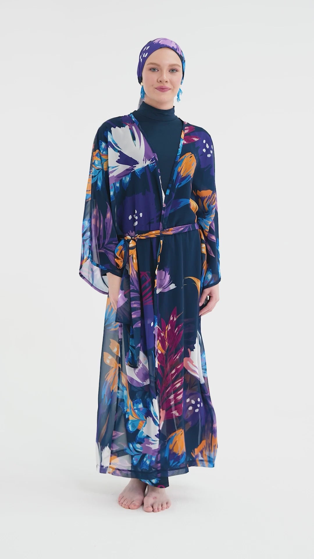 Midnight Bloom Burkini with Sheer Kimono