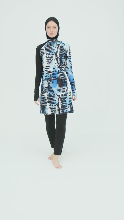 Modest Black and Blue Burkini with Abstract Tie-Dye Pattern