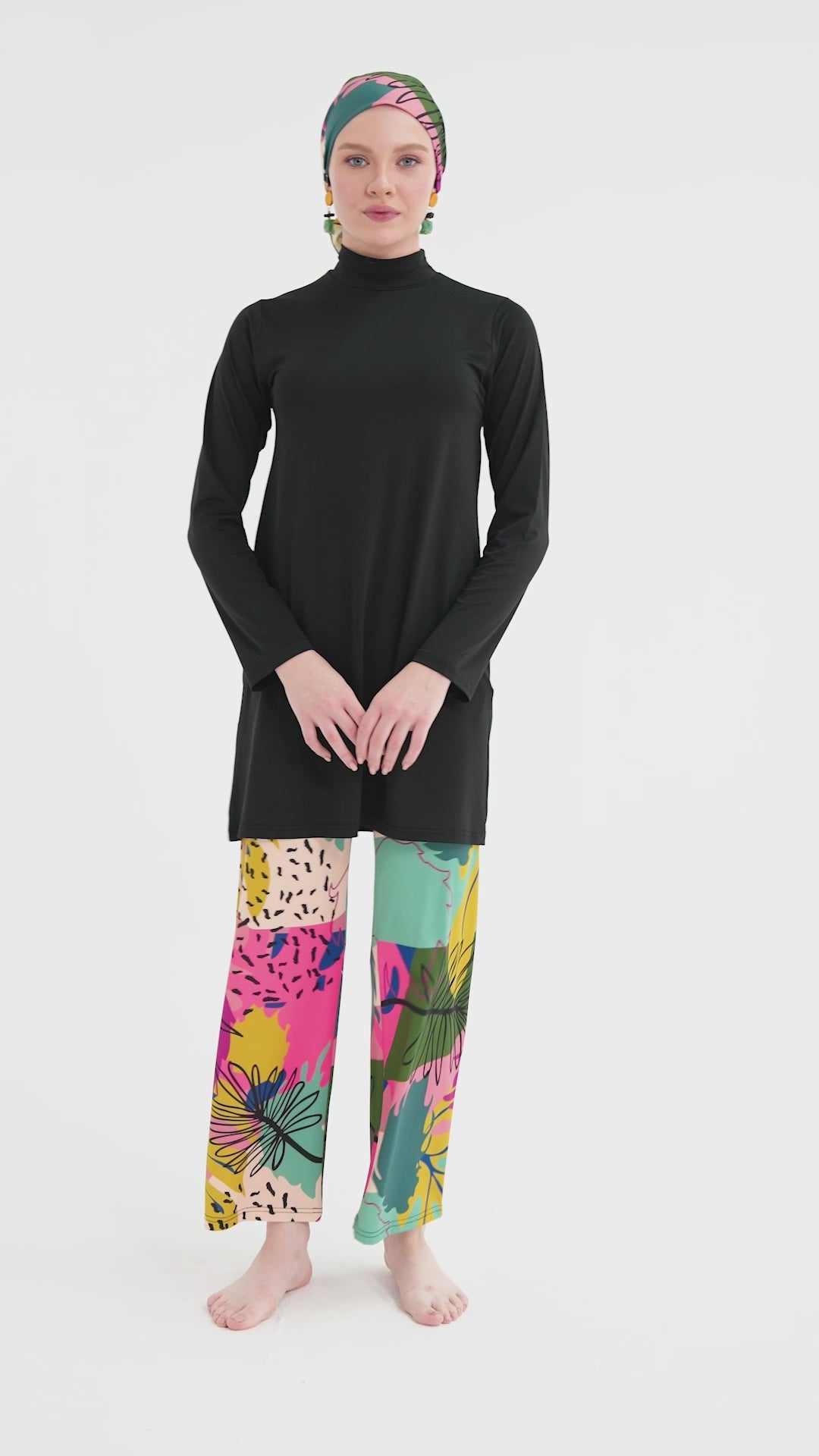 Black Lycra Burkini with Colorful Abstract Print | Modest Swimwear