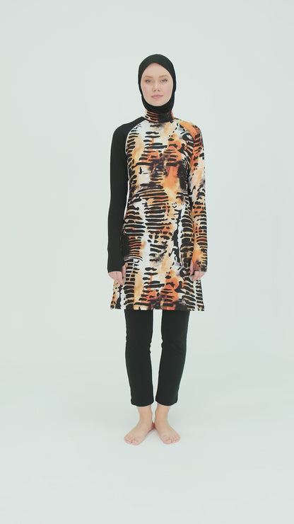 Modest Black and Orange Burkini with Abstract Tiger-Inspired Pattern