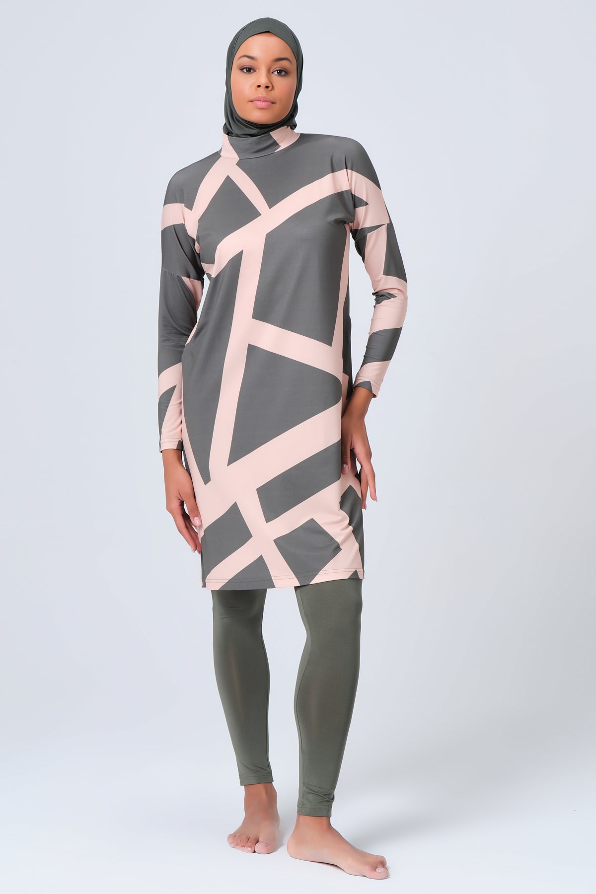 Geometric Line Patterned  Burkini- Big Sizes