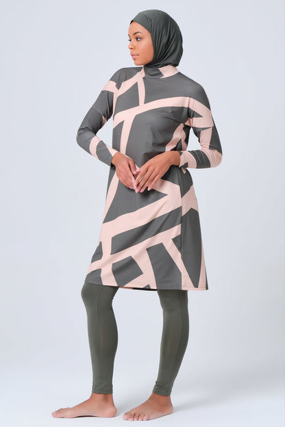 Geometric Line Patterned  Burkini- Big Sizes