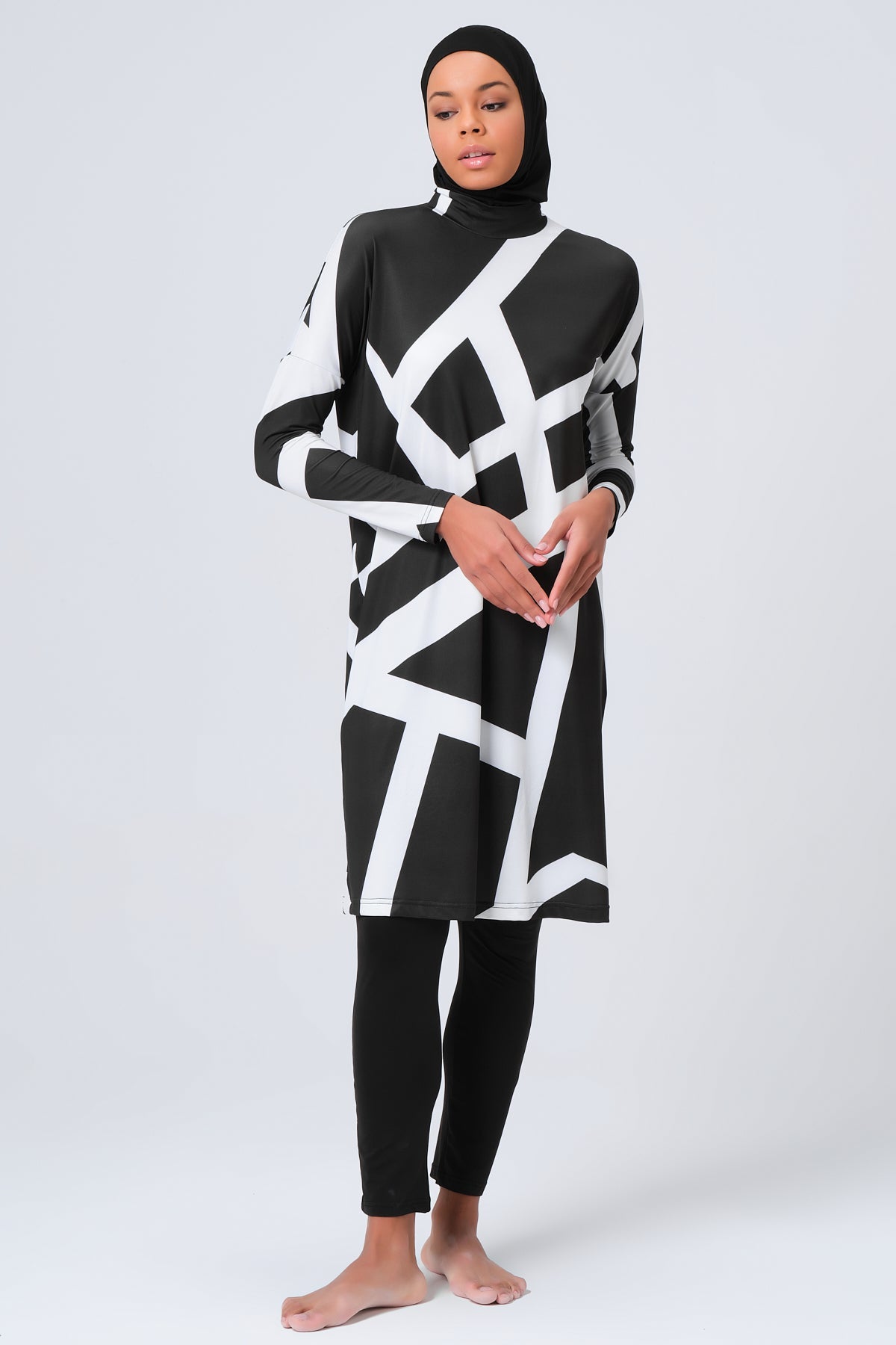 Geometric Line Patterned  Burkini- Big Sizes