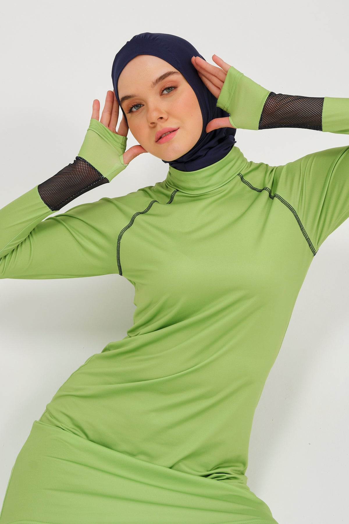 Sleeve Mesh Detailed Hijab Swimsuit Green